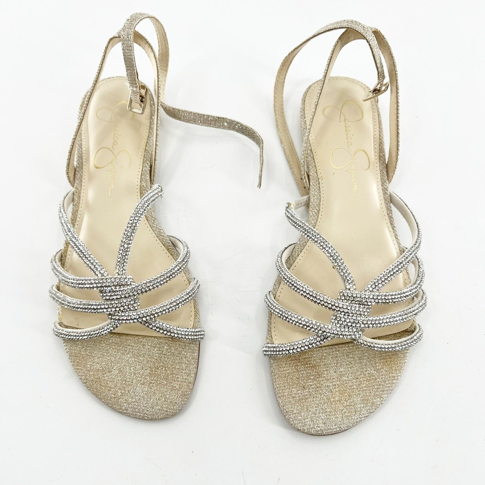 Jessica Simpson Rajiv Gold Rhinestone Strappy Ankle Flat Sandals Womens 6.5 - Picture 2 of 6
